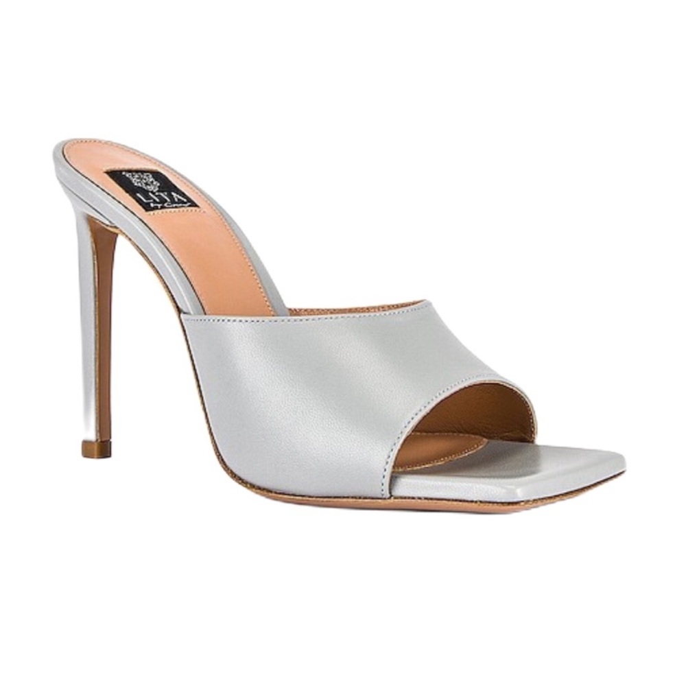 LITA Ciara NIB Solid Square Toe Slide Sandal Heel 41 Silver Nappa Leather Italy